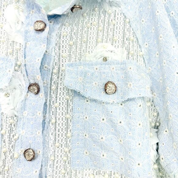 Pol Anthropologie LEAH Blue Eyelet Lace Pearl Flower Embellished Jacket - Picture 15 of 16